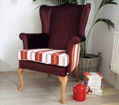 Parker Knoll Queen Anne Wingback Armchair Reupholstered In Ticking And Velvet 1000 Wingback Armchair Reupholster Chair Dining Parker Knoll