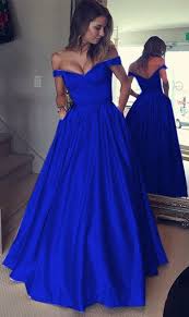 Royal Blue Off Shoulder Prom Dress Floor Length Satin Evening Gowns Beaded Sashes In 2020 Royal Blue Prom Dresses Ball Dresses Royal Blue Long Dress
