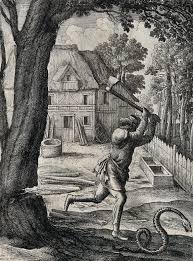 File A Peasant Who Was Cutting Down A Tree Turns His Axe On A Pas Wellcome V0022998 Jpg Wikimedia Commons