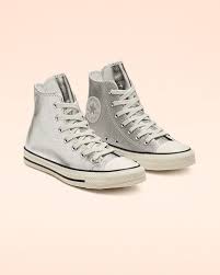 Black And Silver High Top Sneakers Chuck Taylor All Star Shiny Metal High Top Silver Egret Black Converse Wedding Shoes Chuck Taylors Shoes