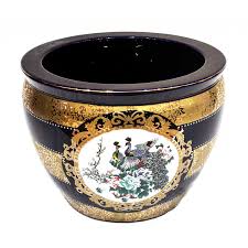 Vtg chinese porcelain koi fish bowl jardiniere planter pot satsuma style. 18 Dark Blue And Gold Porcelain Peacock With Blossom Chinese Fishbowl Planter Cp Jc18 Fb