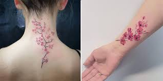 Watercolor cherry blossom tattoo on right half sleeve. 26 Sophisticated Cherry Blossom Tattoo Designs