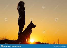 Silhouette Profile Of Young Woman And German Shepherd Dog Looking In The Distance At Sunset Pet Sitti Girl And Dog German Shepherd Dogs German Shepherd Tattoo