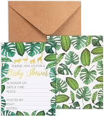I think i love the passport baby shower invitation most of all. Buy Baby Shower Invites 36 Fill In Baby Shower Invitations W Envelopes Tropical Safari Animal Theme Green Palm Leaves With Gold Foil Designs Party Supplies For Baby Showers Or Parties 5 X