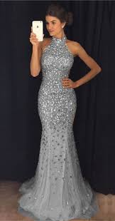 Silver Gray Crystal Beaded Halter Floor Length Evening Dresses Mermaid Prom Gowns P1965 Women S Evening Dresses Mermaid Prom Dresses Halter Prom Dresses
