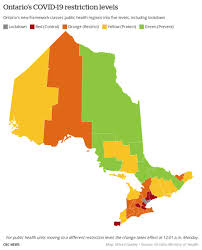 The ontario government has filed new regulations that amend the rules for areas in stage 2 and 3. Mike Crawley On Twitter Changes Will Be Announced Today To The Covid19 Restriction Levels In Some Ontario Public Health Units According To Health Officials Here S What The Covid19ontario Colour Coded Restrictions Map Looks