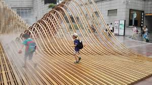 Wavy Wooden Sculptures Pavement Design Landscape Structure Landscape Design
