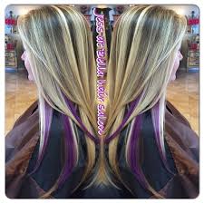 It fits perfectly with your blonde hair to give it an highlighting your red hair with a lighter tone brings out the most gorgeous appearance you've ever dreamed of. Blonde With Purple Peekaboos Peekaboo Hair Underlights Hair Hair Styles