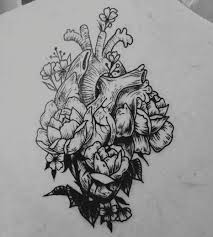 Tattoo anatomical heart with flowers drawing. Anatomical Heart Line Art Detail Tattoo With Floral Flowers Grow In And Around In Black And White Tattoos Anatomical Tattoos Body Art Tattoos