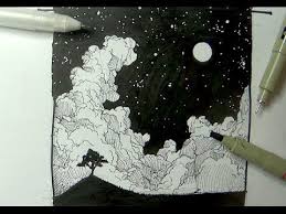 Pen Ink Drawing Tutorials How To Draw A Night Sky Landscape With Moon Stars Clouds Youtube Ink Pen Drawings Cloud Drawing Ink Drawing