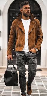 Fall Suede Leather Jacket White T Shirt Black Distressed Denim Dark Brown Leather Banded Watch Black L Mens Outfits Leather Jacket Men Mens Fashion Inspiration