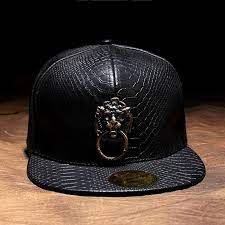 Metal Lion Head Sculpture Snakeskin Leather Hip Hop Snapback Caps Apad Marketing Snakeskin Leather Hats For Men Mens Caps