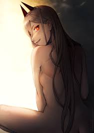 itadaku, power (chainsaw man), chainsaw man, commentary, highres, + +,  1girl, ass, back, blonde hair, blush, butt crack, closed mouth, completely  nude, copyright name, cross-shaped pupils, demon horns, from behind,  glowing, glowing