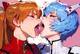 Asuka and Ayanami Rei french kissing - Rule 34 AI Art