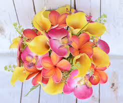 ♥ more wedding ideas … orange bouquets ♥. Citrus Tropical Yellow Orange Fuchsia Callas Orchids Plumerias Real Touch Silk Wedding Bouquet