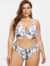 2018 Smog Print Plus Size Wrap Bikini In White 3x Zaful Plus Size Swimwear Two Piece Cute Plus Size Swimwear Fashion Romper Wrap Bikini Mini Dress Fashion