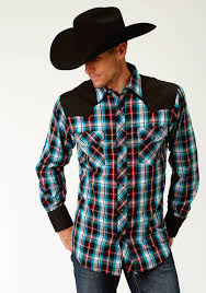 Roper Mens Turquoise Black Red Plaid Western Snap Shirt