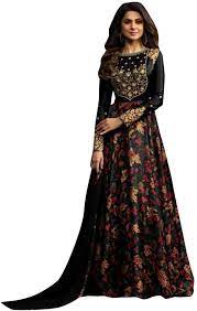 2.5 mtr stitch type : Amazon Com Party Wear Long Gown Muslim Black Floral Anarkali Dress Indian Ethnic Suit 7384 Clothing