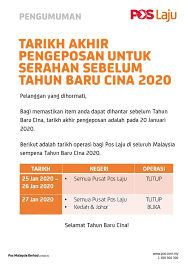 Berikut dikongsikan waktu operasi pos laju tahun 2020 di malaysia buat panduan anda. Tarikh Akhir Pengeposan Pos Laju Tahun Baru Cina 2021