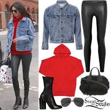 Kendall Jenner Red Hoodie Denim Jacket Steal Her Style Kendall Jenner Outfits With Leggings Kendall Jenner Outfits Fab Clothing