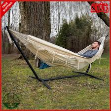 The double hammock is made with a 100% tightly weaved cotton cloth, which allows for a soft and airy, breathable fabric. Double Hammock Steel Stand With Premium And 50 Similar Items