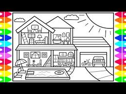 How To Draw A House With A Pool House With A Pool Drawing And Coloring Page Youtube In 2020 Pool Drawing Coloring Pages Coloring Books