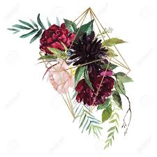 Burgundy is one of the most popular fall wedding colors! Watercolor Floral Illustration Burgundy Flowers Bouquet With Gold Geometric Shape For Wedding Stationary Greetings Wallpapers Fashion Background Peony Dahlia Rose Anemone Eucalyptus Olive Stock Photo Picture And Royalty Free Image Image