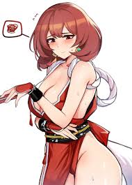 kisa (leg3043), shiranui mai, tran quynh mai, black survival, fatal fury,  the king of fighters, absurdres, highres, 1girl, blush, breasts, brown  eyes, brown hair, cleavage, collarbone, cosplay, cowboy shot, earrings,  embarrassed, feet,