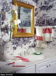 Black And White Toile Wallpaper Bathroom Bathrooms Black And White Toile Wallpaper Gold Framed Mirror White Fringed Towels With Swedish Red Borders Wh Toile Wallpaper Gold Framed Mirror Black Bathroom