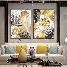 Set Of 2 Gold Leaves Minimalist Abstract Wall Poster Canvas Art Print Painting Contemporary Art Decoration Living Room Pictures Decor Tropical Wall Art