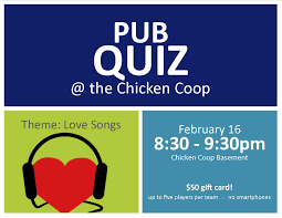 From tricky riddles to u.s. Pub Quiz Tuesday February 16 From 8 30 9 30pm At The Chicken Coop Basement 30 Trivia Questions In 1 Hour Form Teams Of Up Love Songs Pub Quiz 50th Gifts