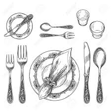 Le verre pour le vin blanc, le verre pour le vin rouge et le verre à eau sachant que le verre à vin rouge. Dessin De Reglage De La Table Main Dessiner La Vaisselle Avec Une Serviette En Anneau Et Assiette Une Fourchette Decorative Et Un Couteau Et Un Verre Sur La Table Pour Le Cadre