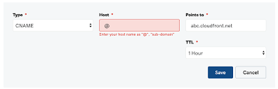 The 'canonical name' (cname) record is used in lieu of an a record , when a domain or subdomain is an alias of another domain. How Can I Set The Root Domain As Cname Record With Cloudfront Stack Overflow