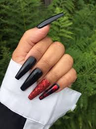 Red velvet nail set on long coffin shape. Press On Nails Art Collection Black And Red Nails Coffin Etsy Black Acrylic Nail Designs Red Nails Red Nails Glitter