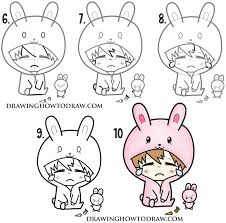 How To Draw A Cute Chibi Character In Bunny Rabbit Onesie Pajamas Costume Easy Steps Drawing For Kids How To Draw Step By Step Drawing Tutorials Chibi Girl Drawings Chibi