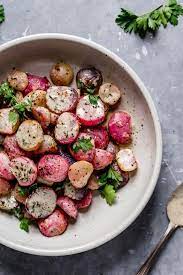Garlic Roasted Radishes The Real Food Dietitians Recipe Roasted Radishes Radish Recipes Real Food Recipes