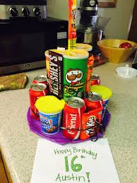 Cutting skull birthday cake for 11 year old. Pringles Soda Candy Junk Cake 16 Year Old Boy Birthday Idea Birthday Gifts For Teens Birthday Gifts For Boys Boy Birthday Parties