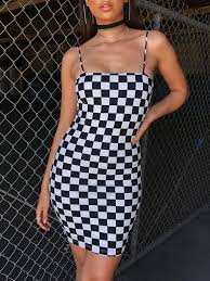 Black And White Checkered Bodycon Dress Checkerboard Print Slip Bodycon Dress Fashion Clothes Women Dresses Checkered Dress
