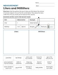 The answer is 1 liter equals 1000 milliliters to convert any value in liters to milliliters just multiply the value in liters by the conversion factor 1000. Measurement Liters And Milliliters Worksheet Education Com