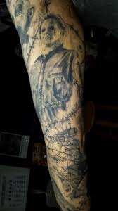 Each inkfection collection piece has been photographed, transferred onto leather, cut out, gored up, and strung up. Shantyshawn Horror Sleeve 4 Horror Movie Tattoo Michael Myers Halloween Pinhead Hellraiser Black And Grey Tattoo Arm Sleeve Stitches Black And Grey Portrait Horror Horror Movie