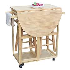 Hobbyn Drop Leaf Breakfast Bar Cart With 2 Round Stools 3 Piece Kitchen Table Chair Set Foldable Rol Wood Kitchen Island Stools For Kitchen Island Round Stool