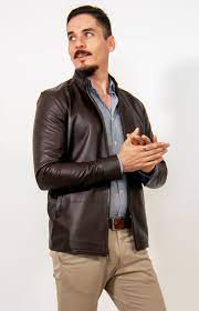 Leather Jacket Casual Outfit Khaki Chinos Blue Gingham Shirt And A Dark Brown Leather Casual Leather Jacket Outfit Leather Jacket Leather Jacket Outfit Men