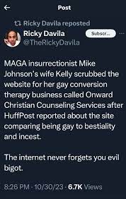 Prediction: The next GOP scandal will be related to Speaker Mike Johnson's  gay-conversion therapy company that he and his wife are currently trying to  wipe from the internet. : rWhitePeopleTwitter
