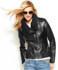 Michael Michael Kors Petite Knit Trim Leather Jacket Macys Com Blazer Jackets For Women Leather Jackets Women Leather Jacket