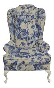 Vintage Wing Back Chair Has Been Upholstered In A Duralee Floral Linen Print Fabric All New White Leather Dining Chairs White Leather Chair Blue Dining Chair