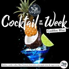 This mixed drink has the following ingredients: 5 Sawyers Cocktail Of The Week Cadillac Blue Malibu Vanilla Vodka Blue Curacao Lime Juice Pineapple Juice And Sugar Syrup Just 10 All Week And Before 9pm On The Weekend Available