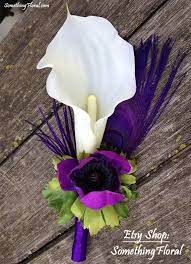 Calla Lily And Peacock Feather Boutonniere Ready To Ship Etsy Calla Lily Prom Flowers Purple Wedding
