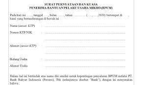 Tidak memiliki saudara kandung/keluarga/kerabat yang bekerja sebagai pegawai di bank mandiri; Contoh Surat Pernyataan Dan Kuasa Bpum Untuk Pencairan Blt Umkm 2 4 Juta Contoh Surat