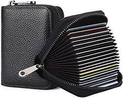 A slim credit card holder with three card slots and two id windows. Amazon Com Linno Rfid 20 Card Slots Credit Card Holder Genuine Leather Small Card Case For Women Or Men Accordion Wallet With Zipper