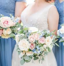 Blush and ivory stunning wedding bouquets. Dusty Blue Peach Blush And Cream Wedding Color Palette Wedding Bouquets Pink Pink Green Wedding Blue Wedding Bouquet